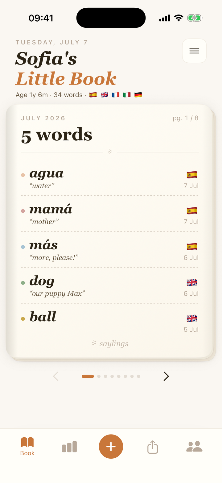 The Saylings word book screen: a toddler's first words in Spanish and English, each with its meaning, date and a voice recording