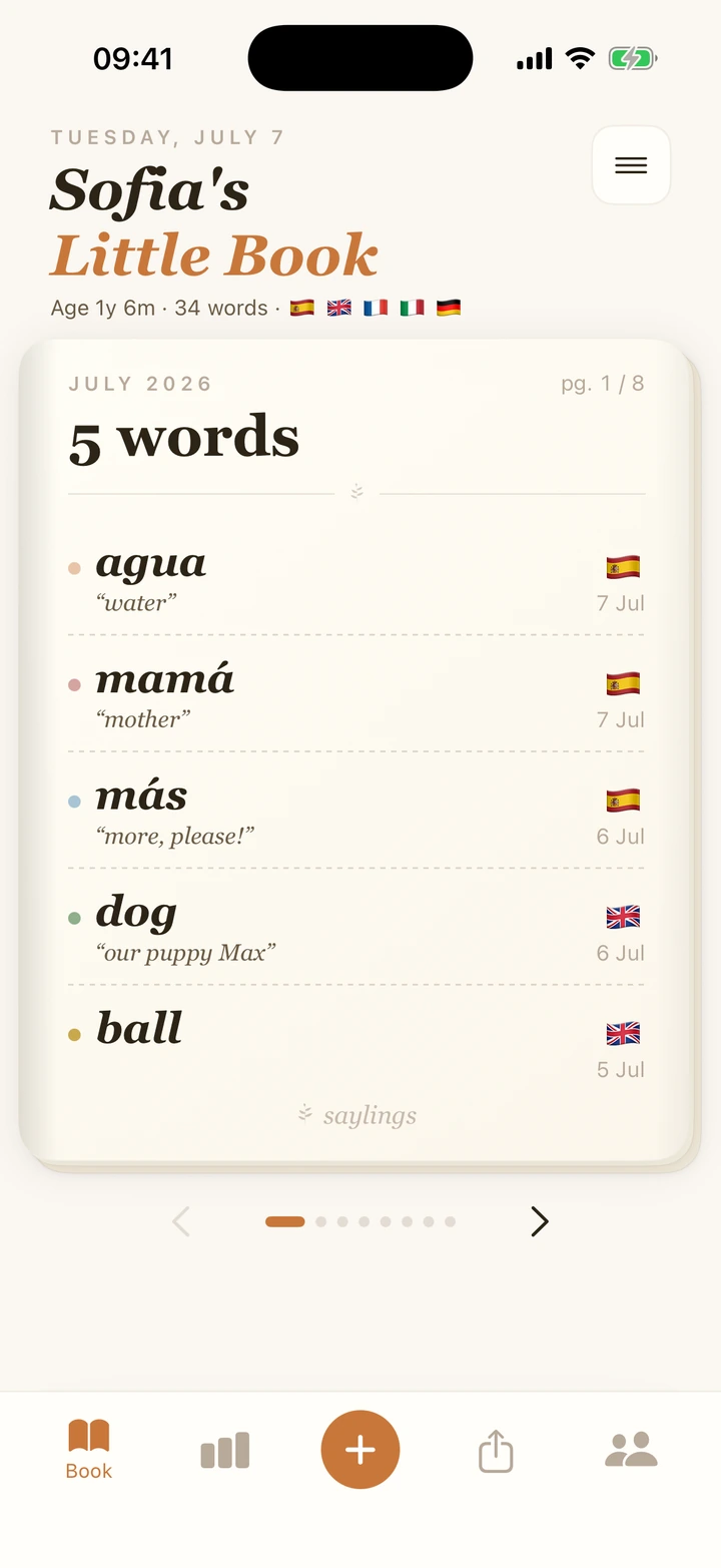 The Saylings word book screen: a toddler's first words in Spanish and English, each with its meaning, date and a voice recording