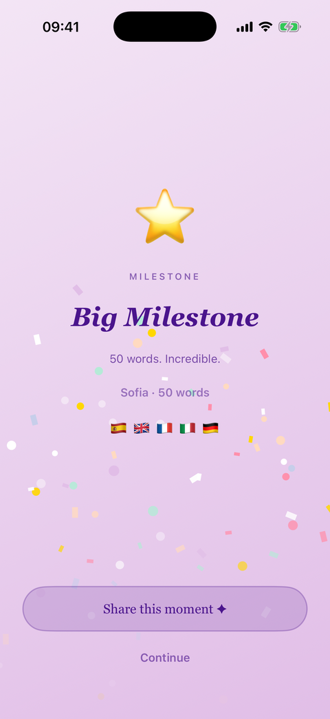A celebration screen with confetti marking a 50-word milestone