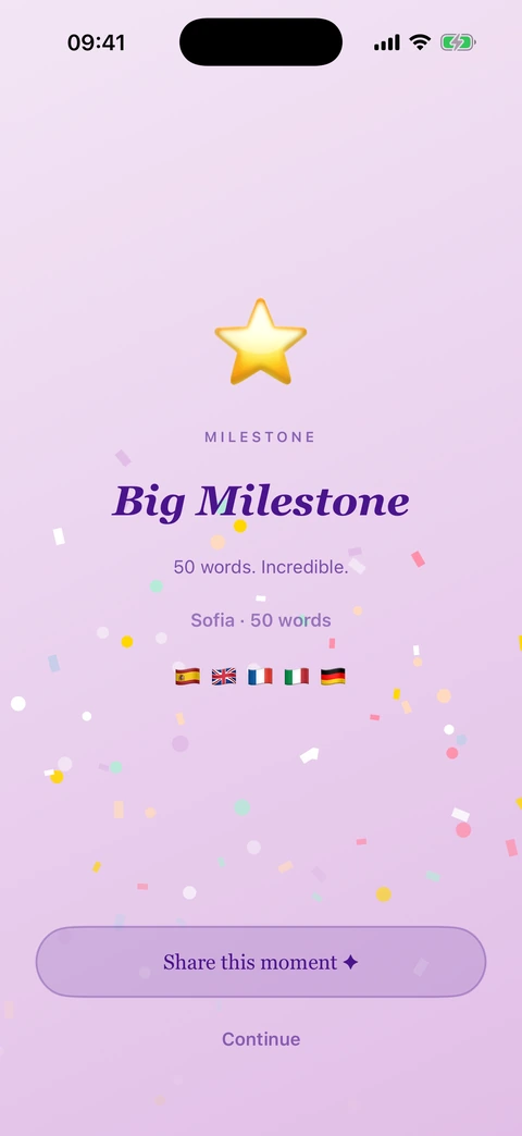 A celebration screen with confetti marking a 50-word milestone