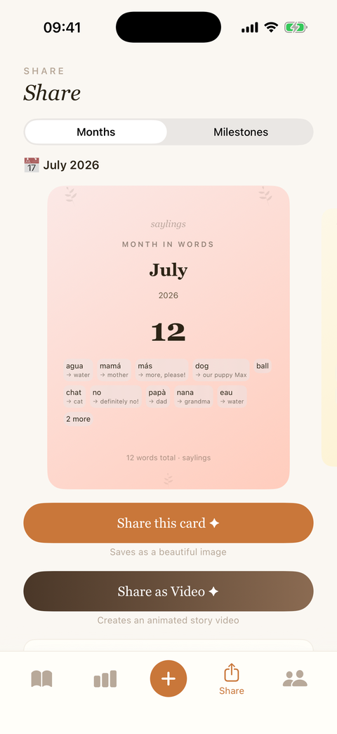 A Month-in-Words share card listing the twelve words learned in July