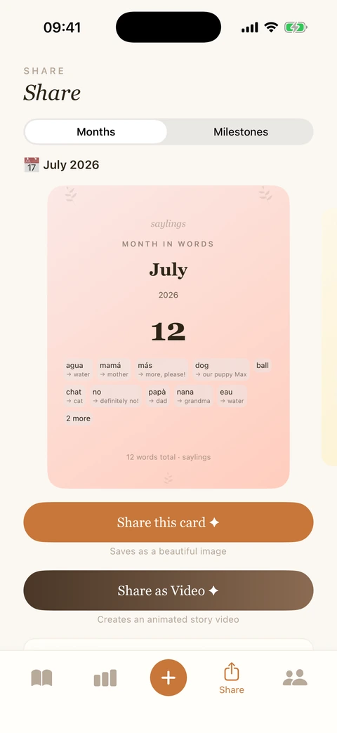 A Month-in-Words share card listing the twelve words learned in July