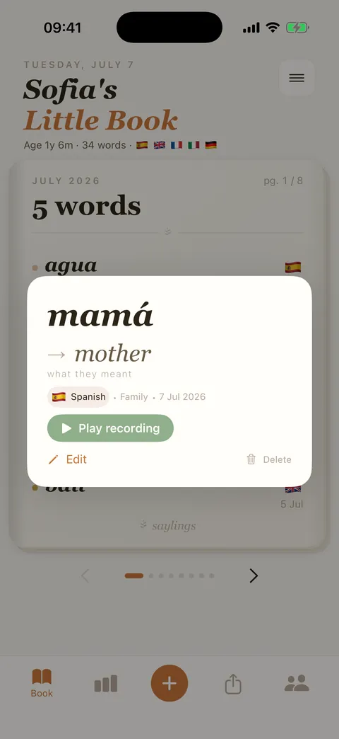 The Saylings app showing the first word 'mamá', its meaning, and a Play recording button to hear the baby's actual voice saying it