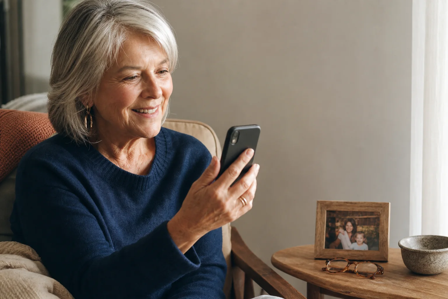 A grandmother listening to a family voice memory on her phone