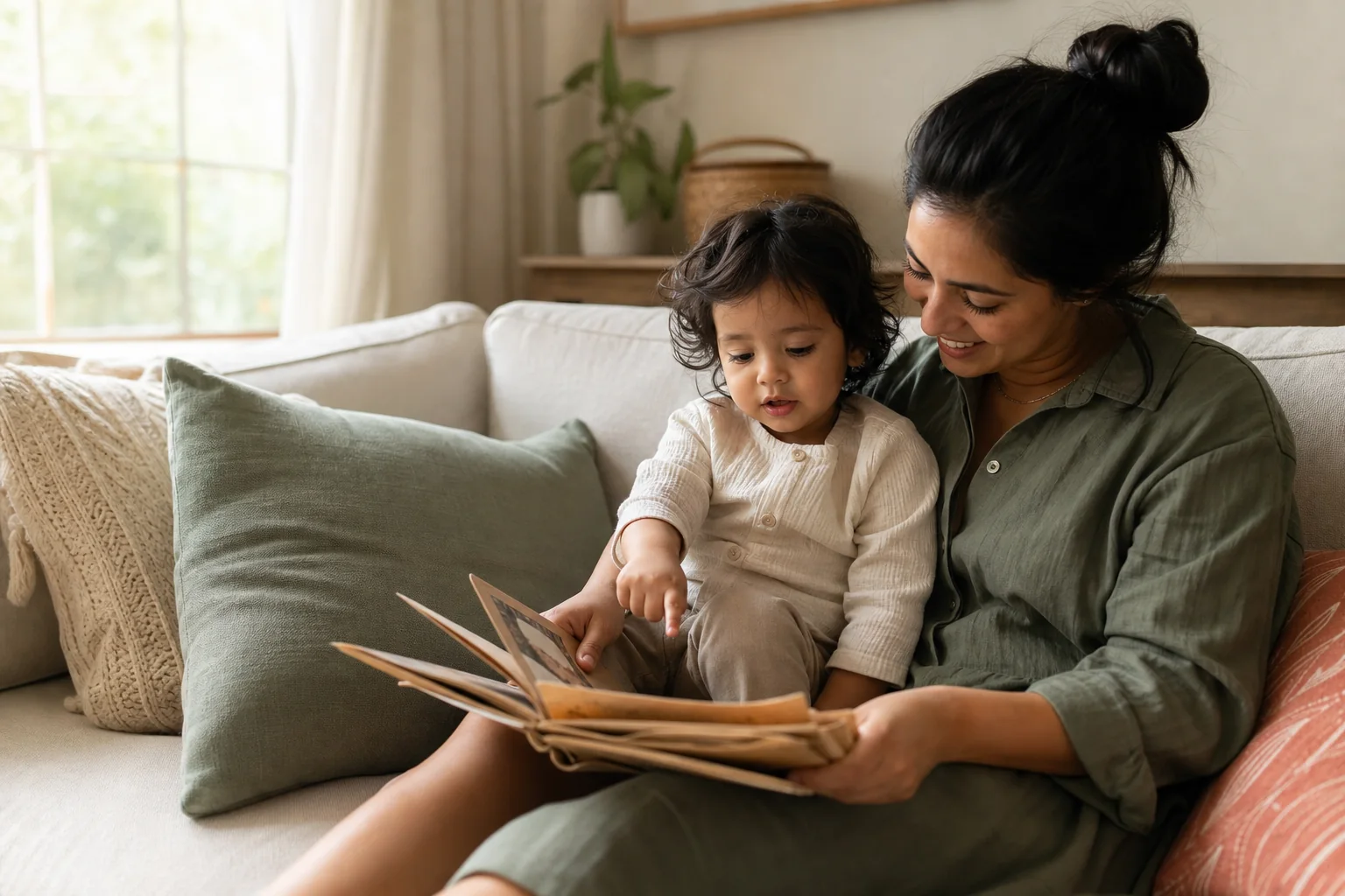 A parent and toddler looking through a handmade family word book together