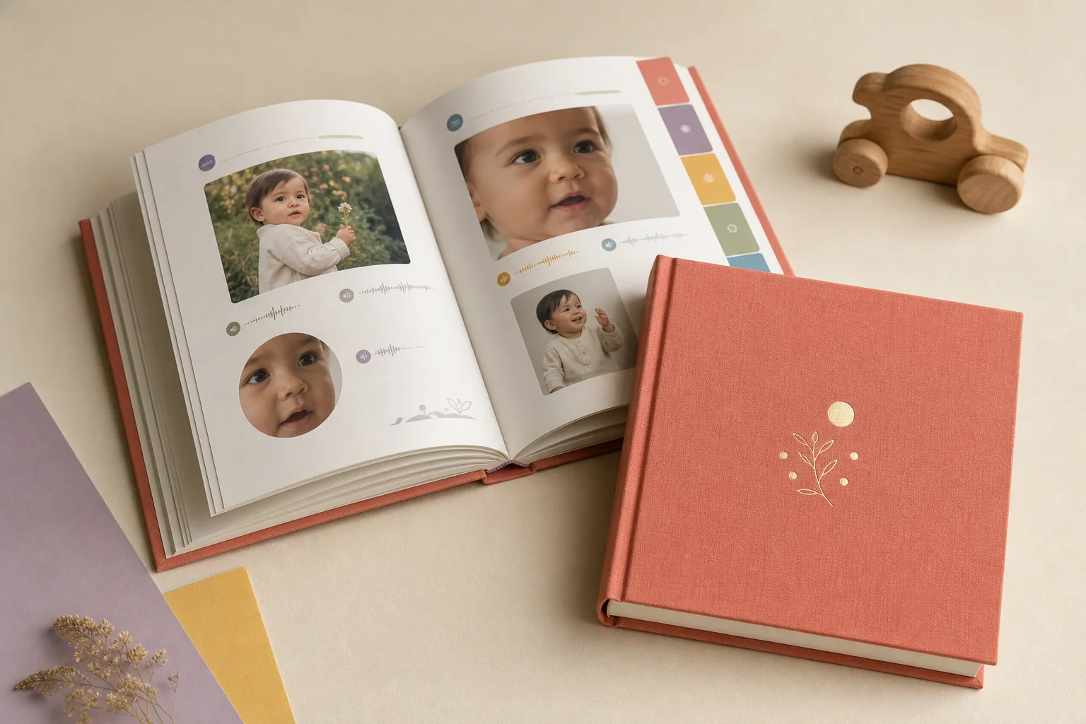 A printed baby memory book open on a table beside its terracotta cover, pages filled with a child's photos and first words